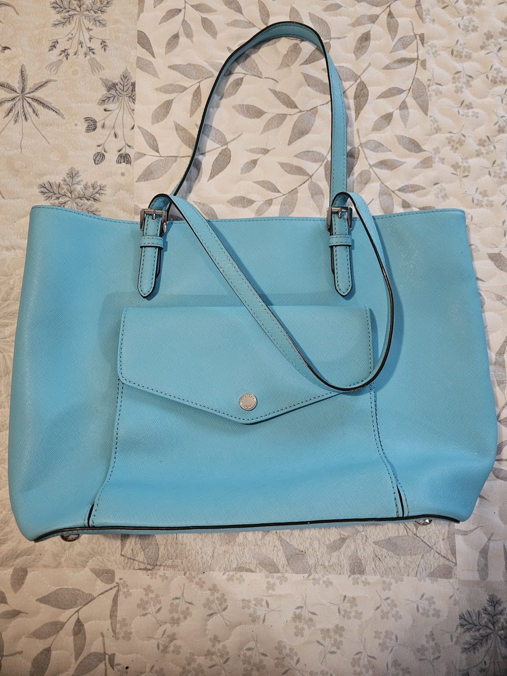 Michael Kors Aqua Blue Leather Tote with Front Pocket
